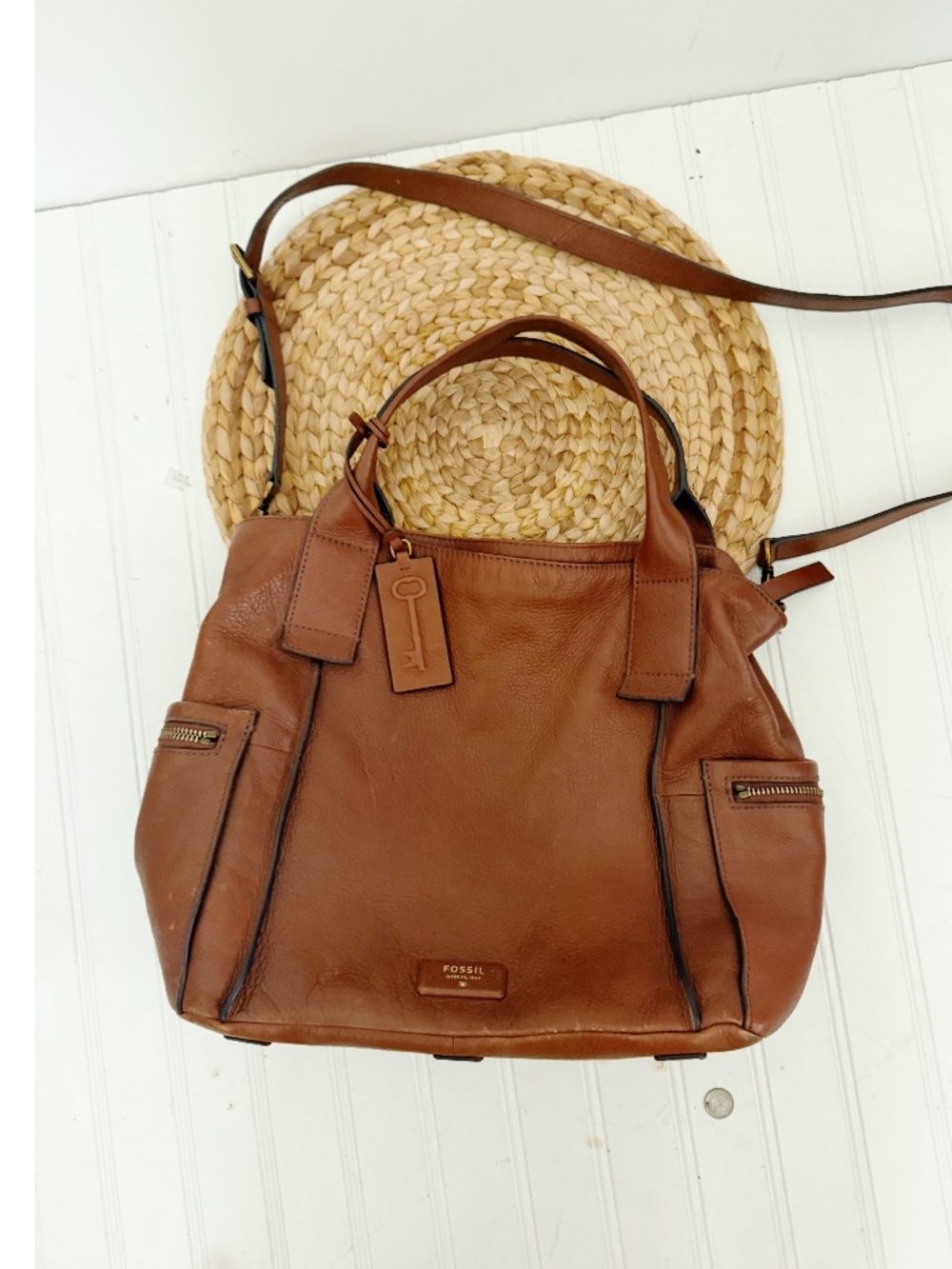 Fossil Emerson Medium Pebbled Leather Satchel Handbag Cognac/Brown - Picture 5 of 14